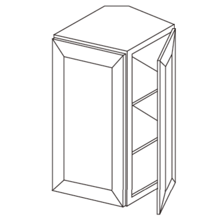 Line drawing of a corner cabinet with one open door and two shelves.